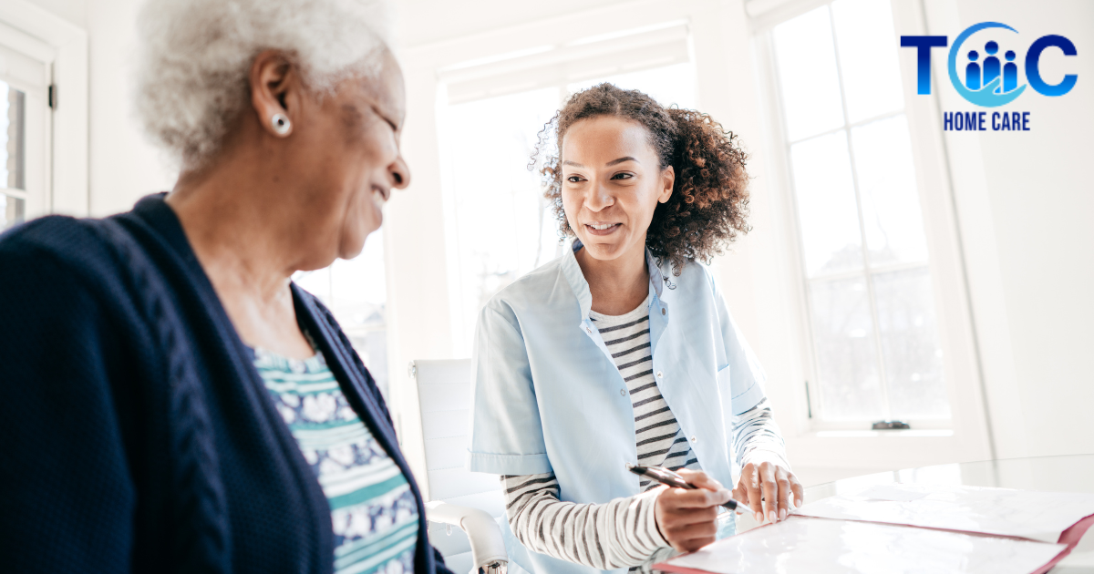 Working for an agency, like this caregiver who’s with a client, can be a choice that leads to a good job.